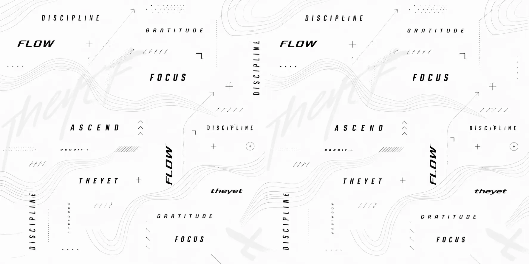 Patron visual THEYET con palabras de marca como flow, focus, gratitude y ascend.