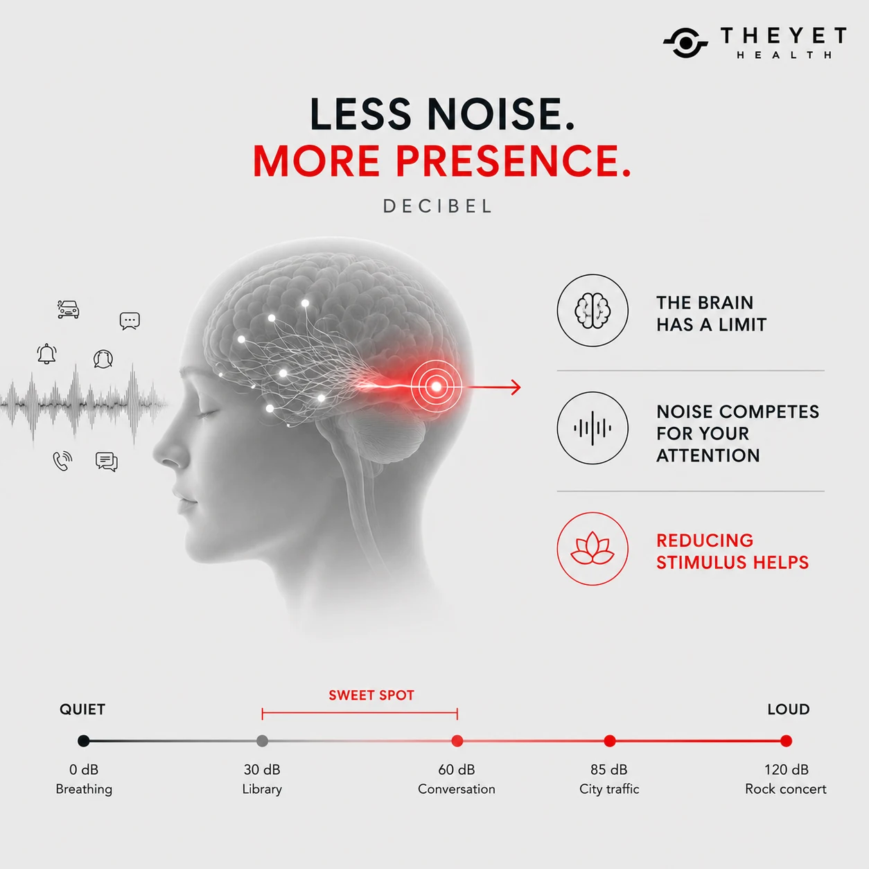 Infografía THEYET Health sobre ruido, decibelios, estímulos y atención