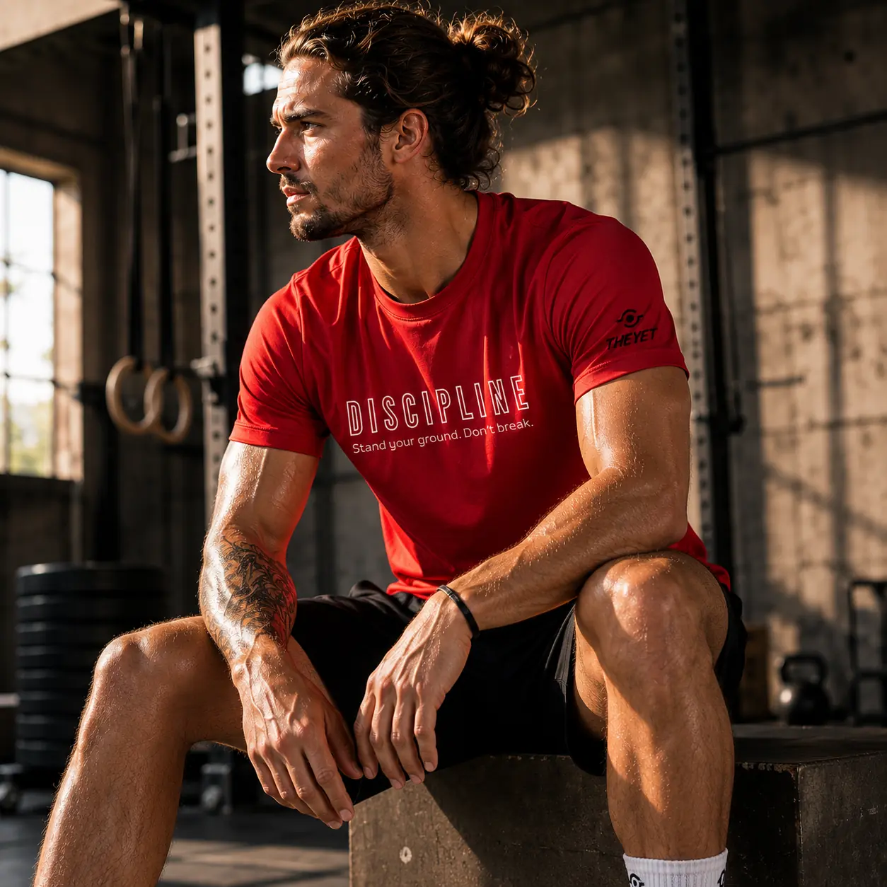 Atleta en box con camiseta roja Inner Virtues Discipline de THEYET.